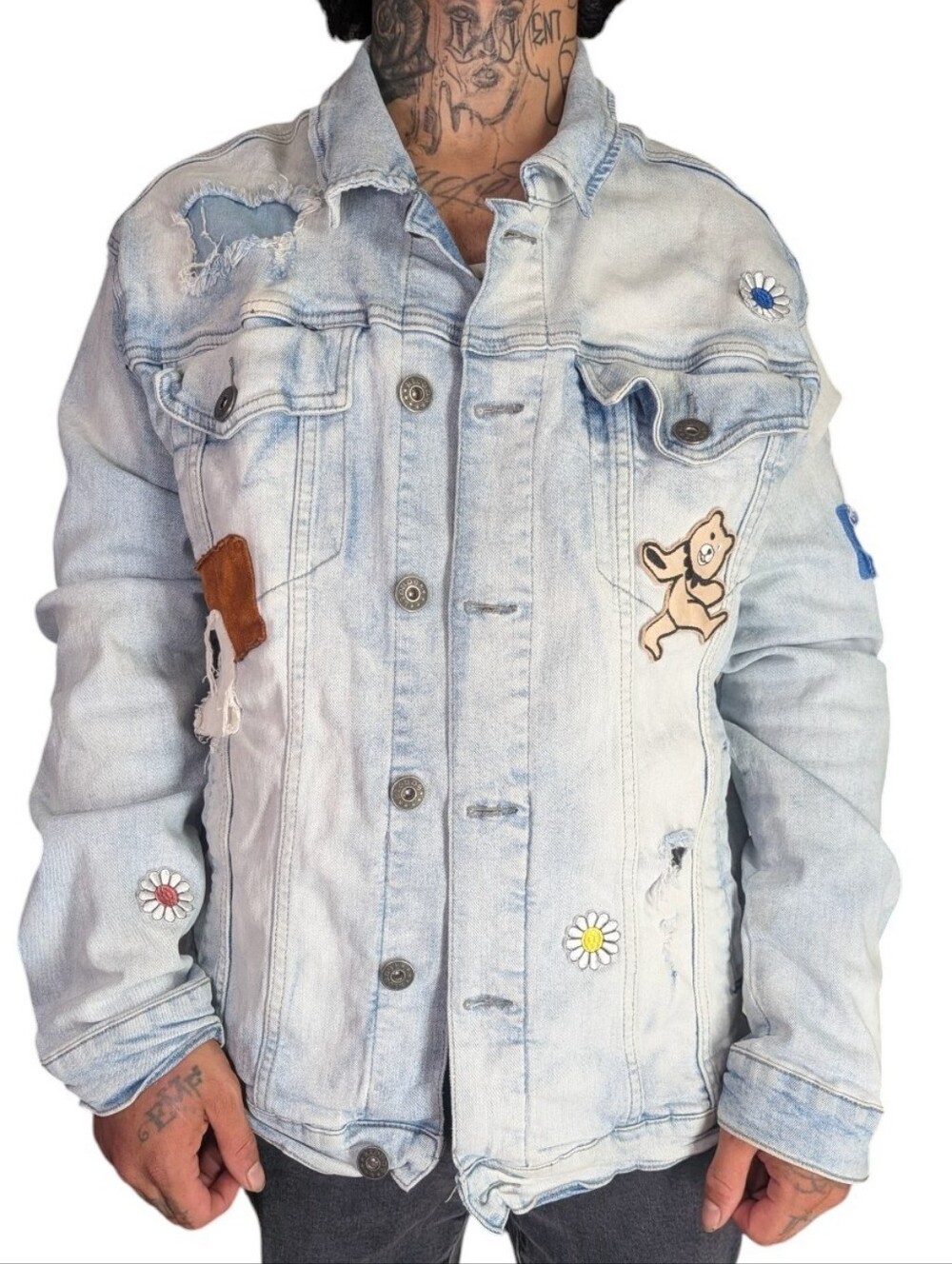 Kloud 9 NWOT Teddy Bear Patchwork Distressed Denim Jacket XL